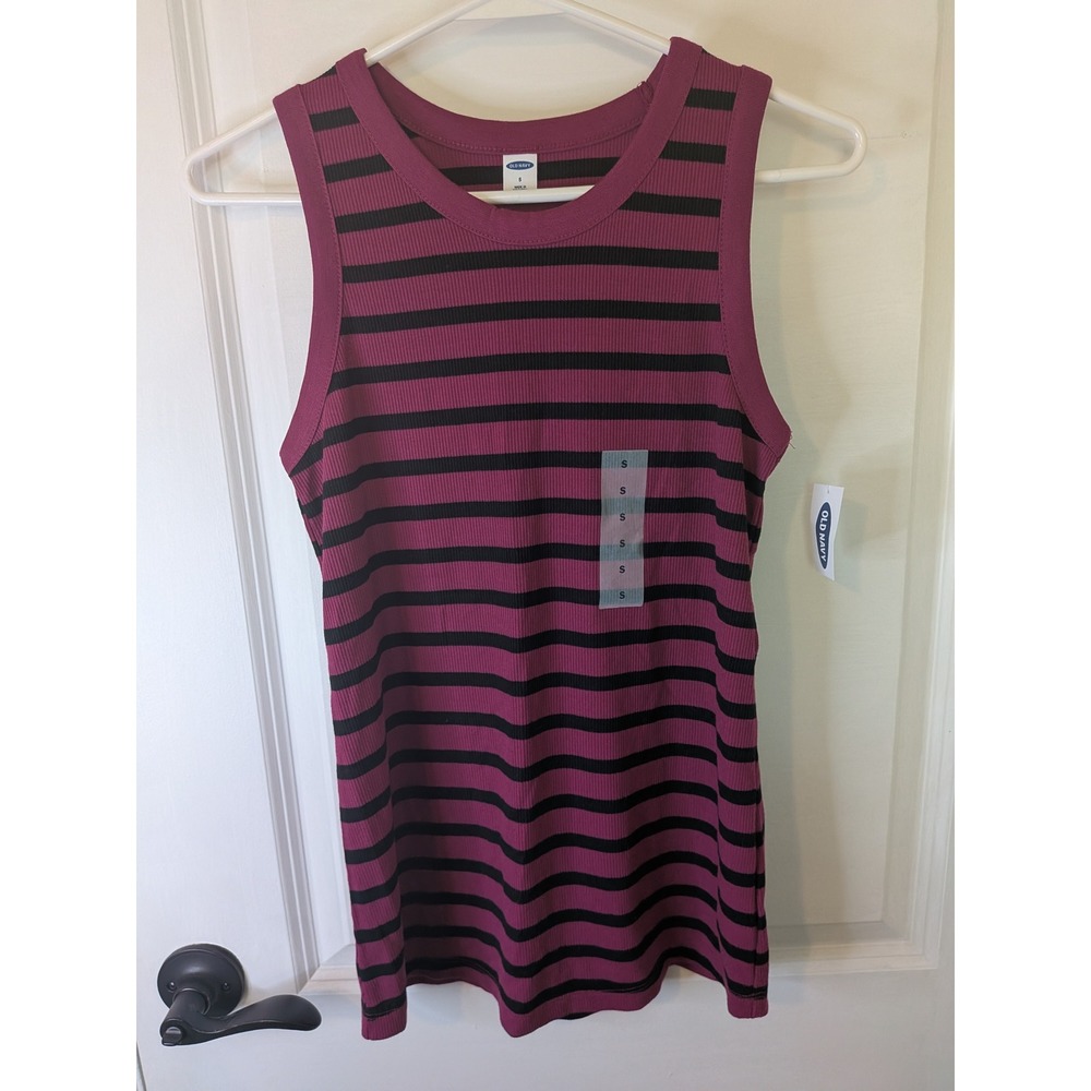 Old Navy Womens Ribbed Striped Tank Top Plum Purple Black Crew Neck Small NWT